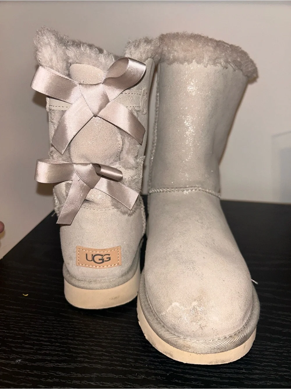 UGG Light Taupe Short Shearling Boots with Satin Bows